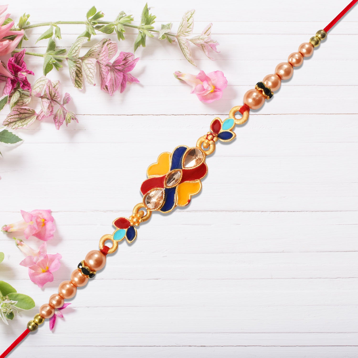 Premium Designer Rakhi With Multicolor Enamel Kundan Stones  Golden Pearls Premium Designer Rakhi With Multicolor Enamel Kundan Stones  Golden Pearls